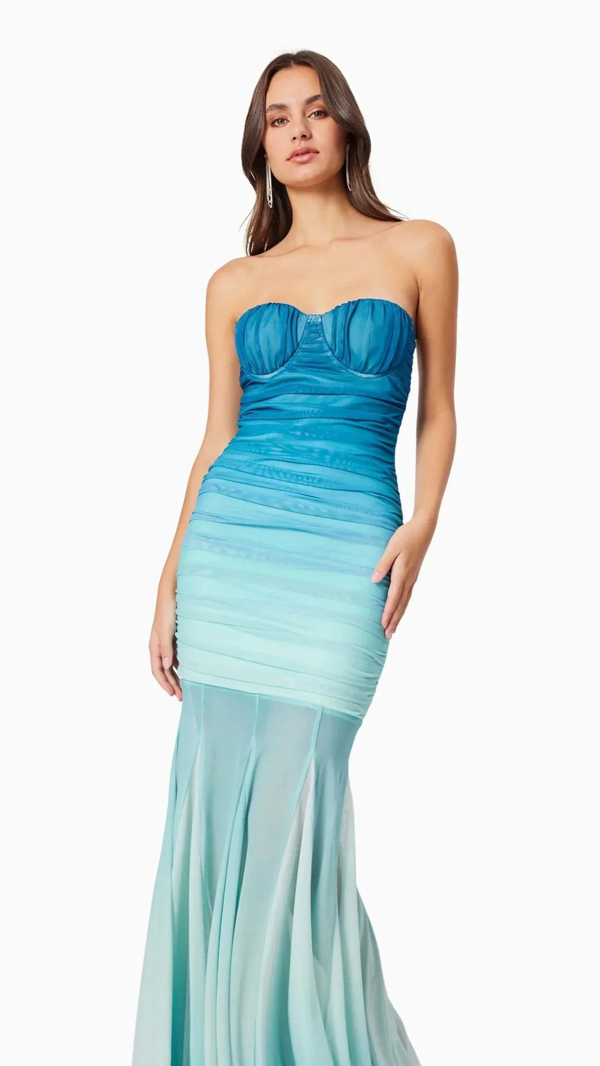 Gradient Mesh Splicing Bodycon Strapless Maxi Dress In Blue Flowering Girl