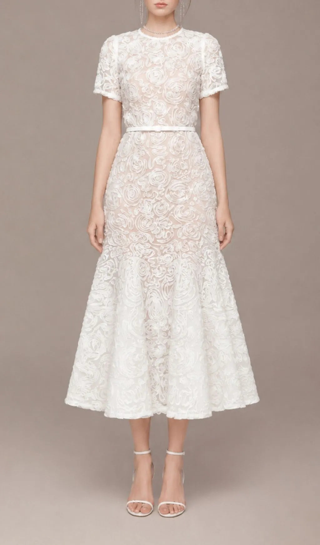 Latoya White Flower Belt Midi Dress Flowering Girl