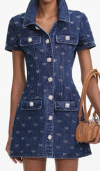 Denim Diamante Bow Collared Mini Dress Flowering Girl
