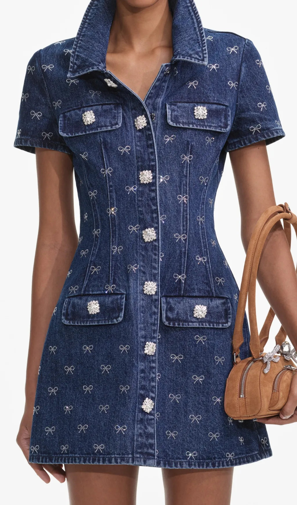 Denim Diamante Bow Collared Mini Dress Flowering Girl