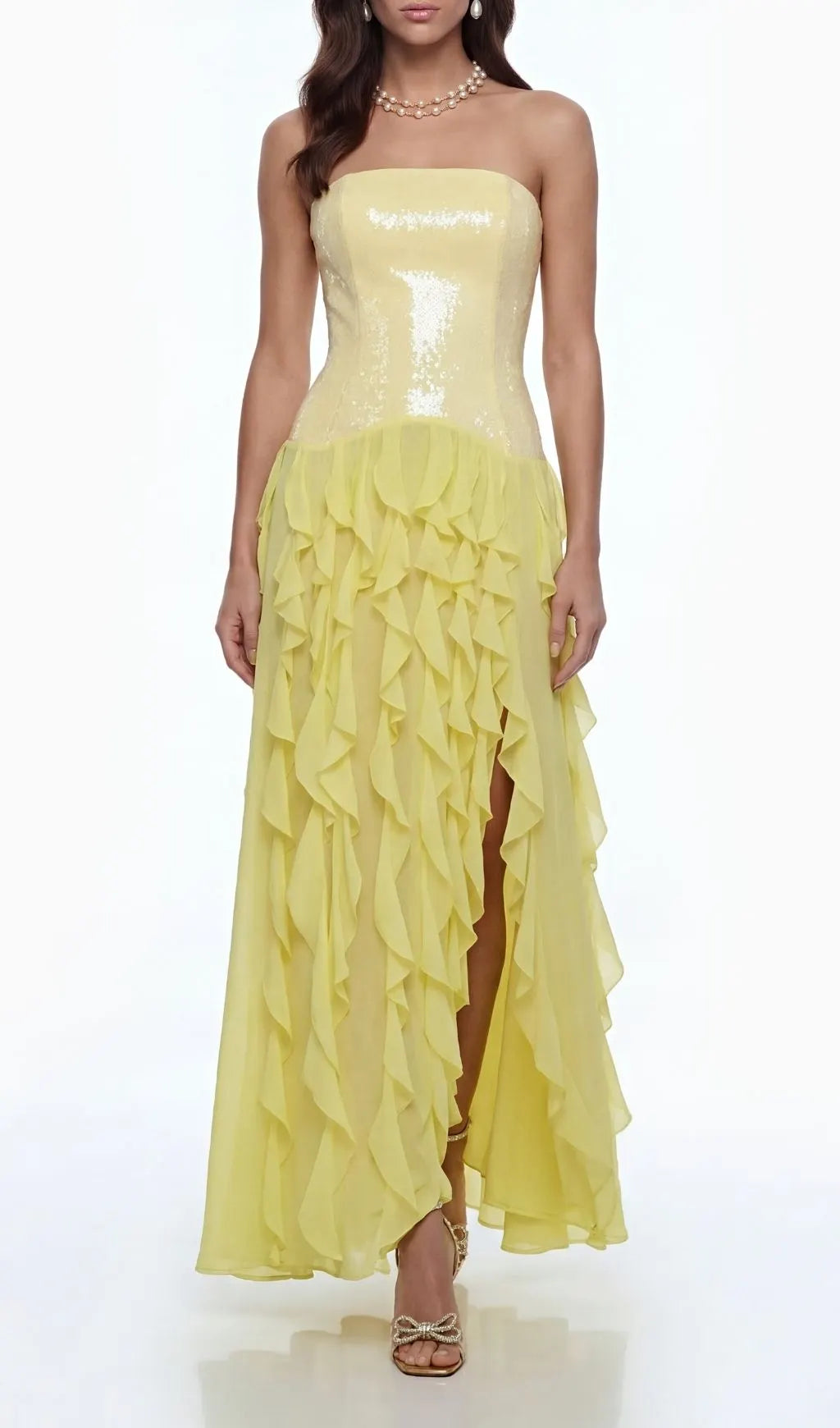 Florence Off-Shoulder Ruffle Slit Maxi Dress In Yellow Flowering Girl