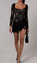 long sleeve lace corset draped mini dress in black Flowering Girl