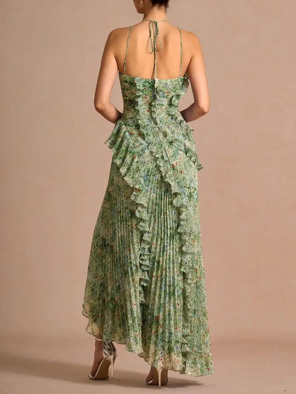 Finneas Green Floral Halter Pleated Maxi Dress Flowering Girl