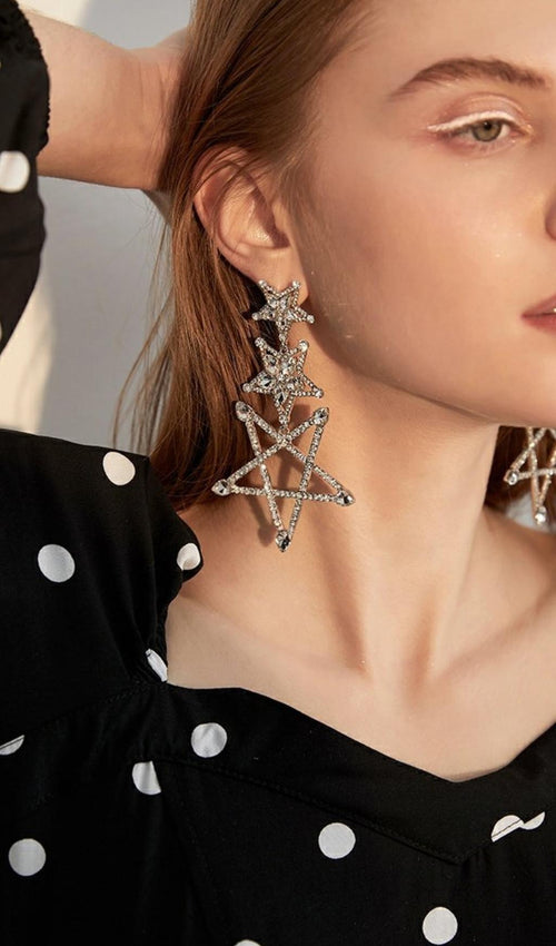 Artan Silver Pentagram Rhinestone Earrings Flowering Girl