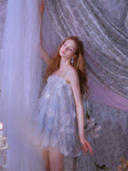 Tutu Light Blue Sleeveless Flower Diamond Short Doll Dress Flowering Girl