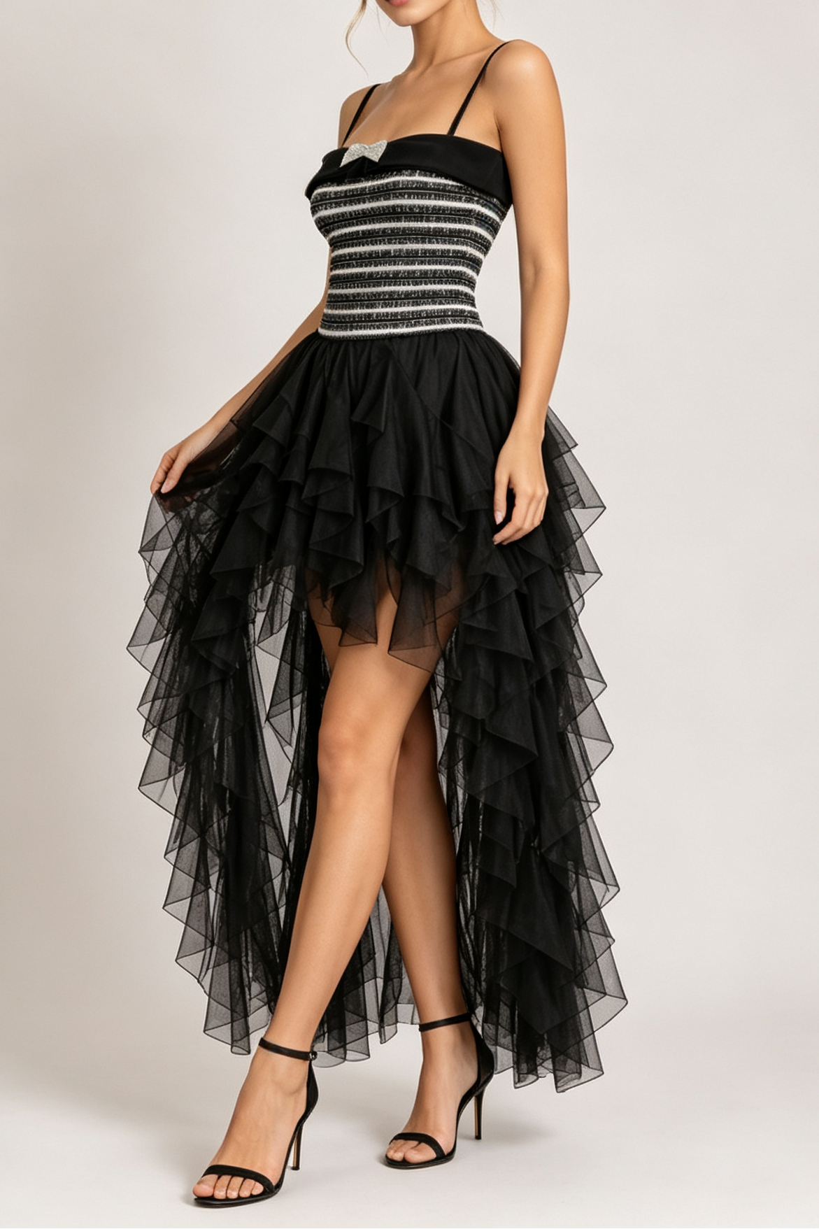 Rhinestone Bow Tweed Top & High-Low Ruffle Tulle Skirt Two-Piece Set Flowering Girl
