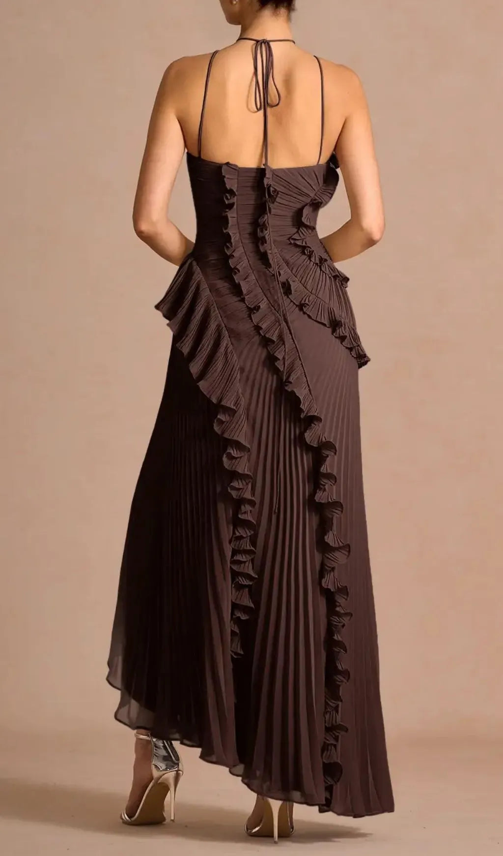 Finneas Brown Halter Pleated Maxi Dress Flowering Girl