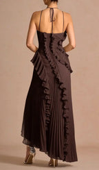 Finneas Brown Halter Pleated Maxi Dress Flowering Girl