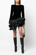Solid Velvet Long Sleeve Ruffle Mini Dress Flowering Girl