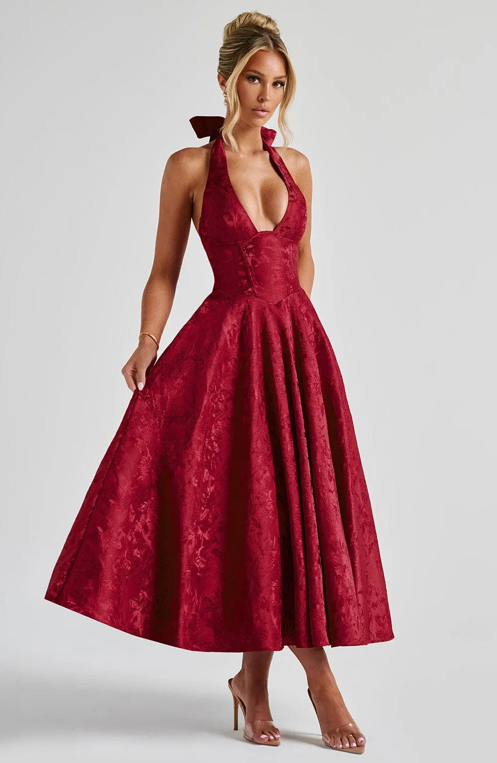 Effie Back Bow Midi Dress - Red Flowering Girl
