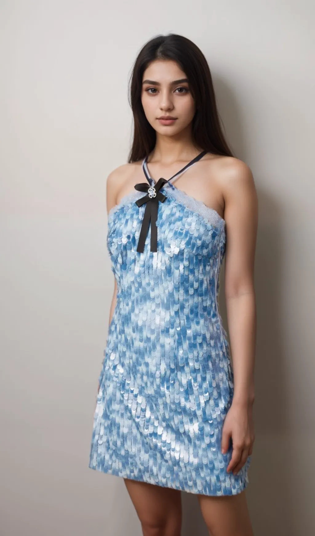 Victoire blue halterneck sequined mini dress Flowering Girl