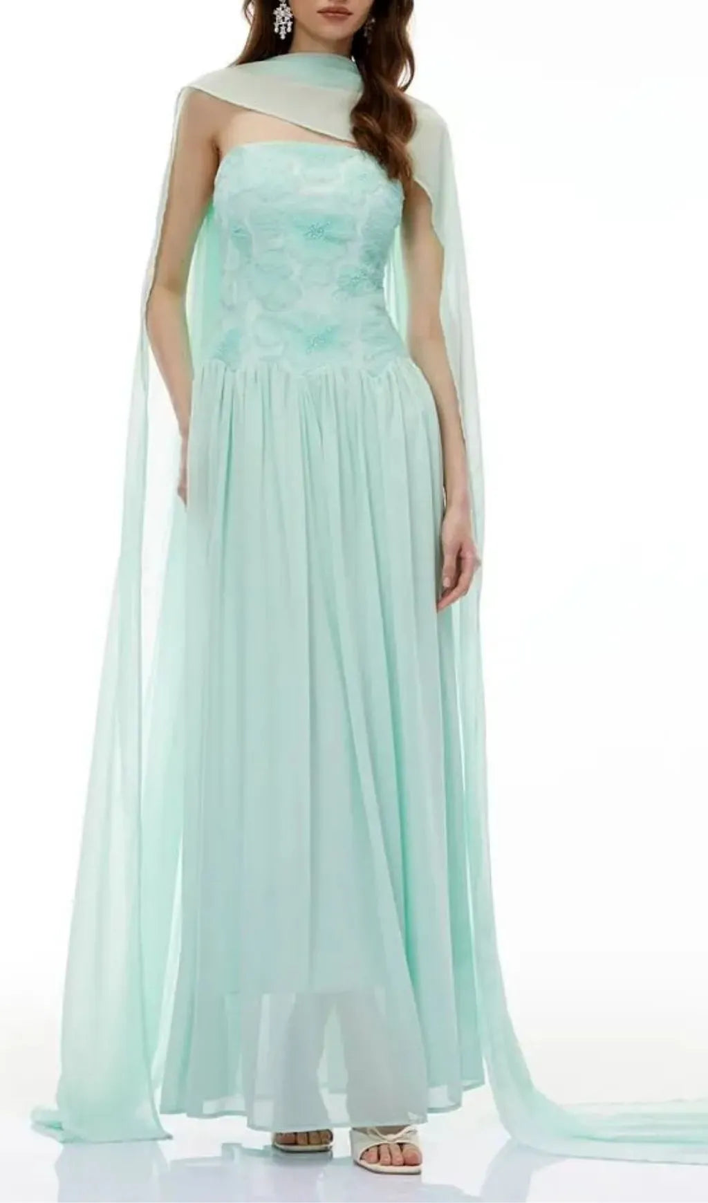 Rebecca Green Floral Embroidered Pleated Maxi Dress Flowering Girl