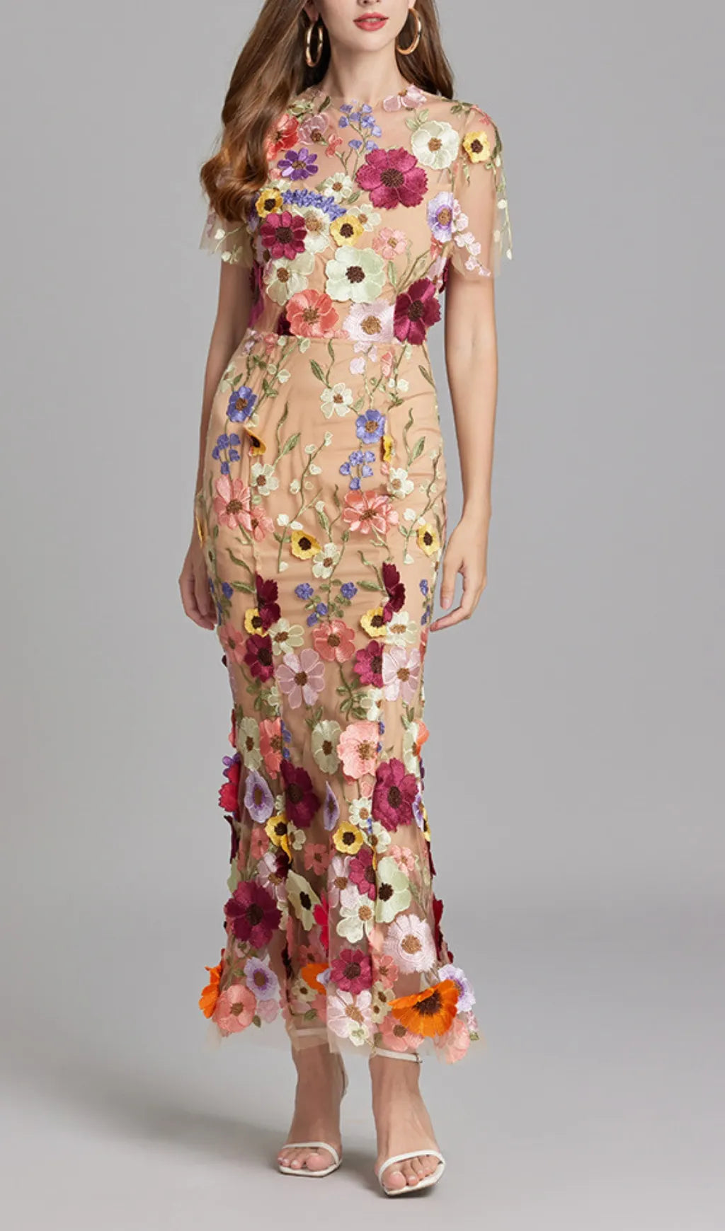 Carol Floral Embroidery Mesh Fishtail Midi Dress Flowering Girl