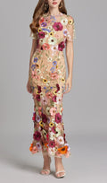 Carol Floral Embroidery Mesh Fishtail Midi Dress Flowering Girl