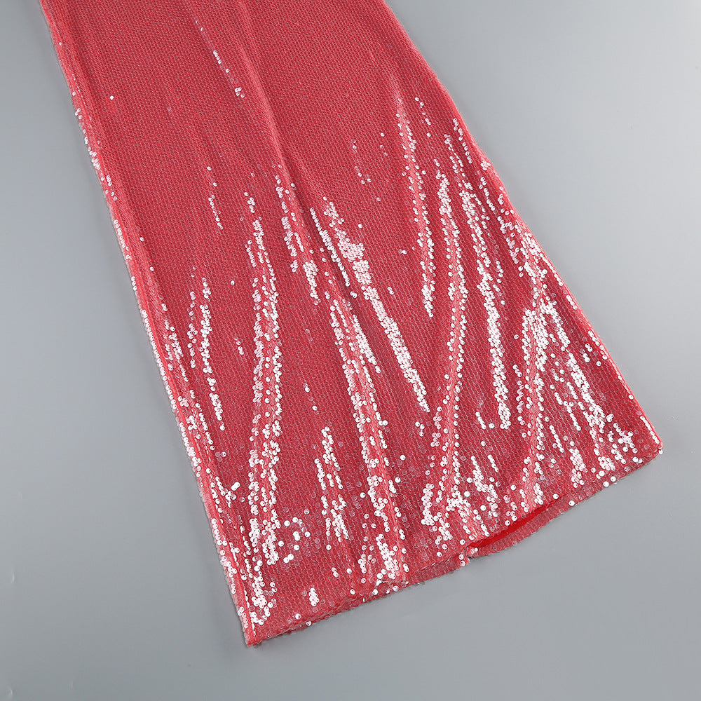 Brona Rose Red Halter Sequin Maxi Dress Flowering Girl