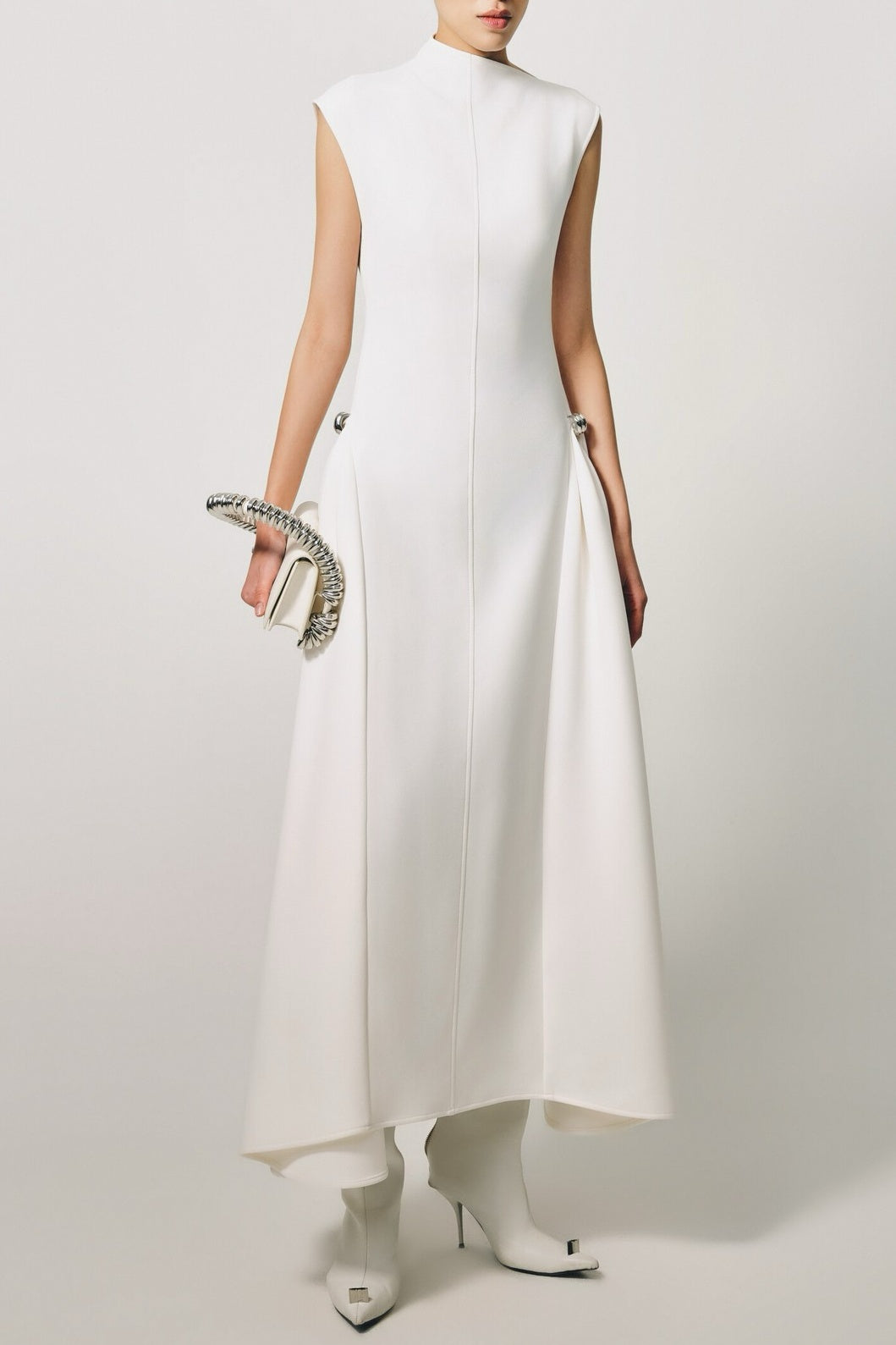Eorkone Symmetric Drapes Flared Midi Dress - White Flowering Girl