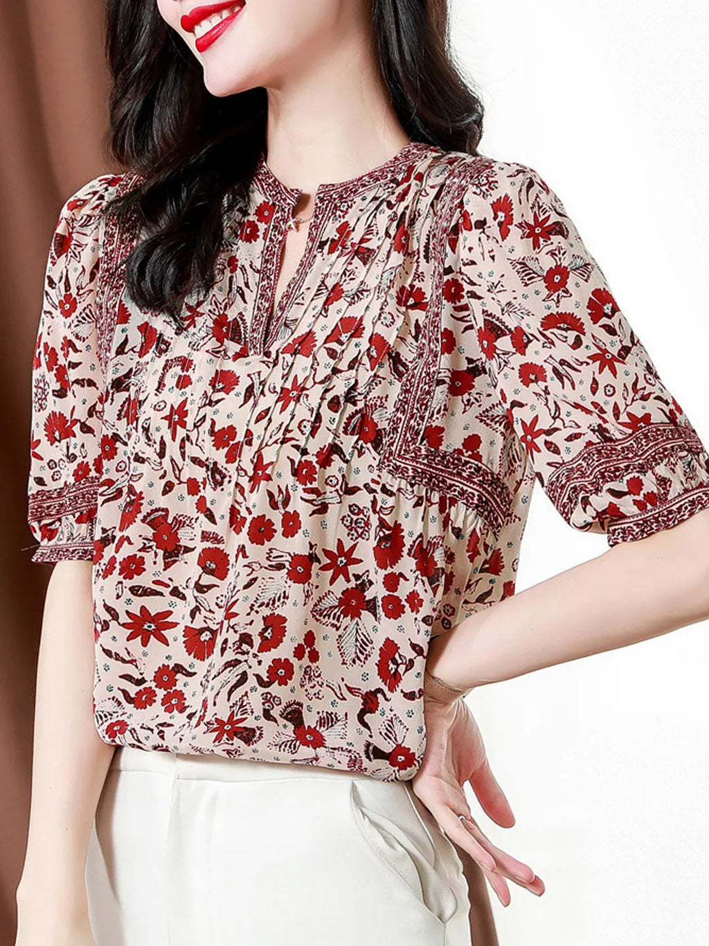Lesley Classic Puff Sleeve Printed Top Flowering Girl