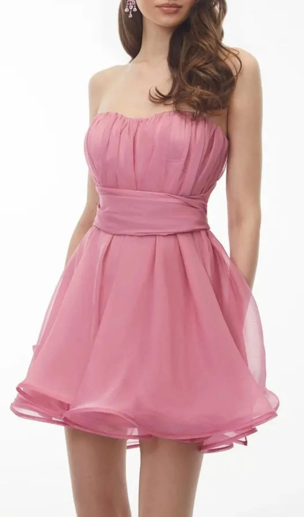Rose Pink Ruched Mini Dress With Ribbon Flowering Girl