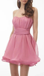 Rose Pink Ruched Mini Dress With Ribbon Flowering Girl