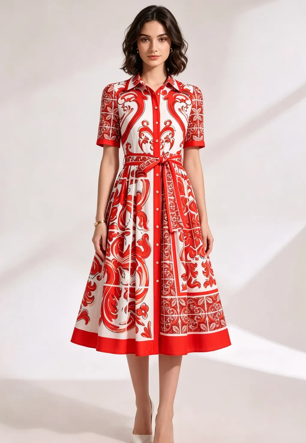 Printed Structured Cotton Or Silk Blend A-Line, Fit-And-Flare Shirt Dress Flowering Girl