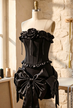 Black Structured Matte Crepe Fitted Corset with Voluminous Satin Bow Mini Skirt Two-Piece Set Flowering Girl