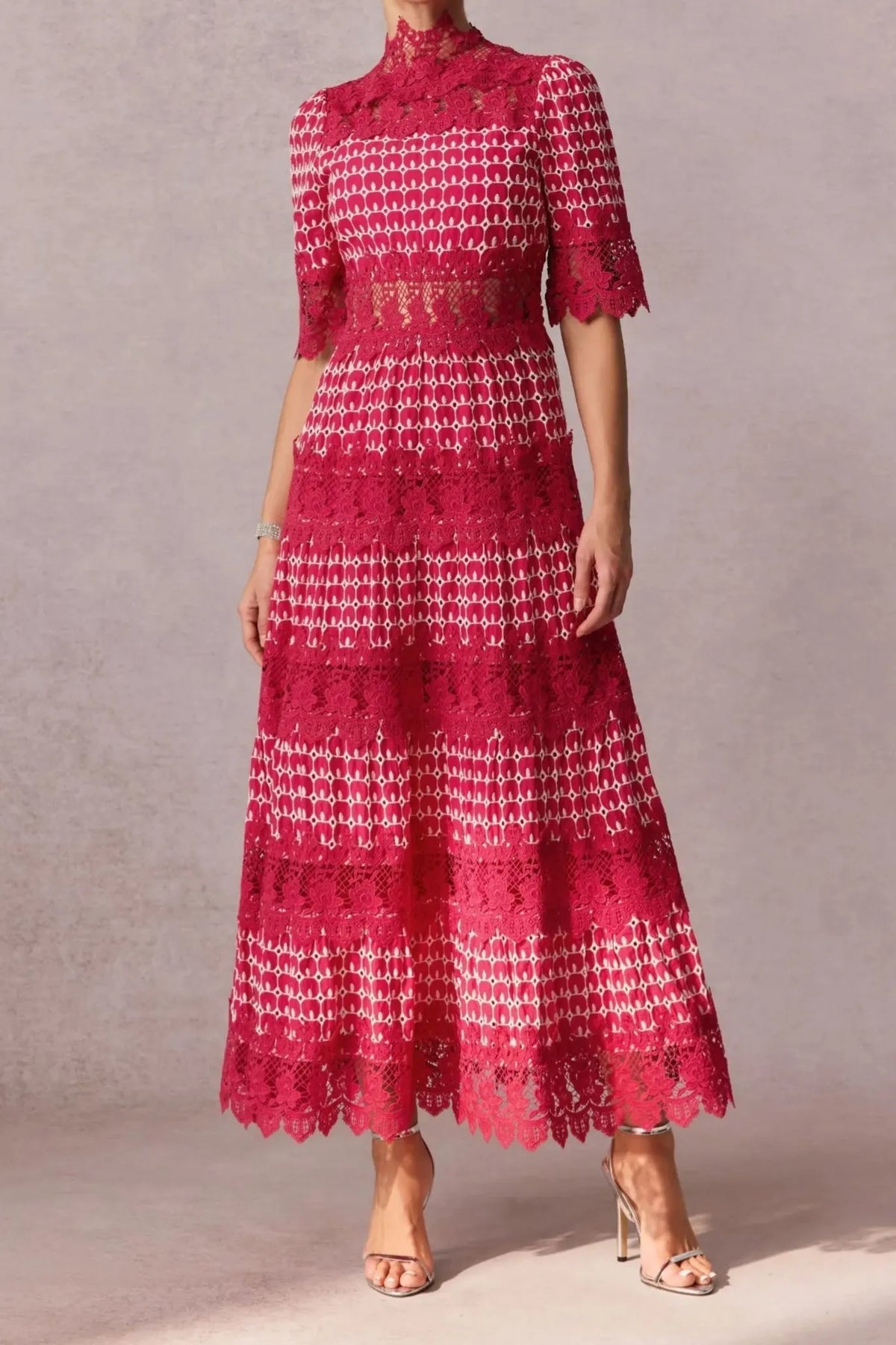 simona Embroidered Lace Midi Dress in red Flowering Girl