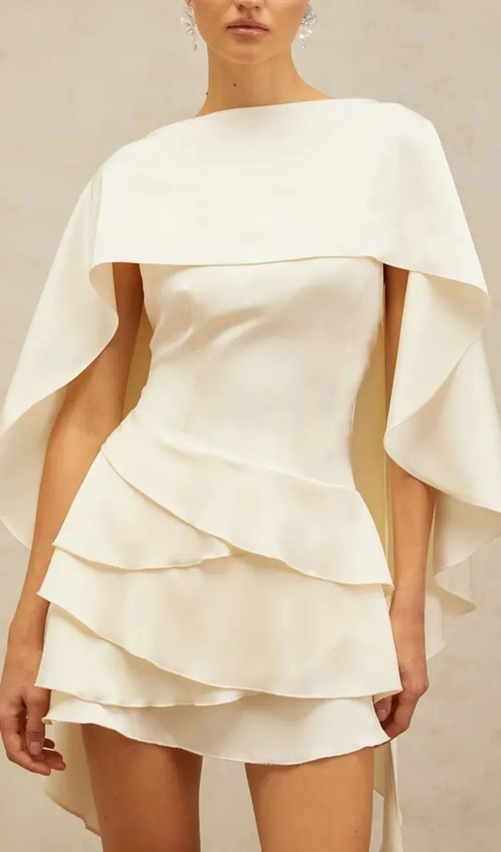 Lyna White Satin Ruffled Mini Dress With Shawl Panel Detail Flowering Girl