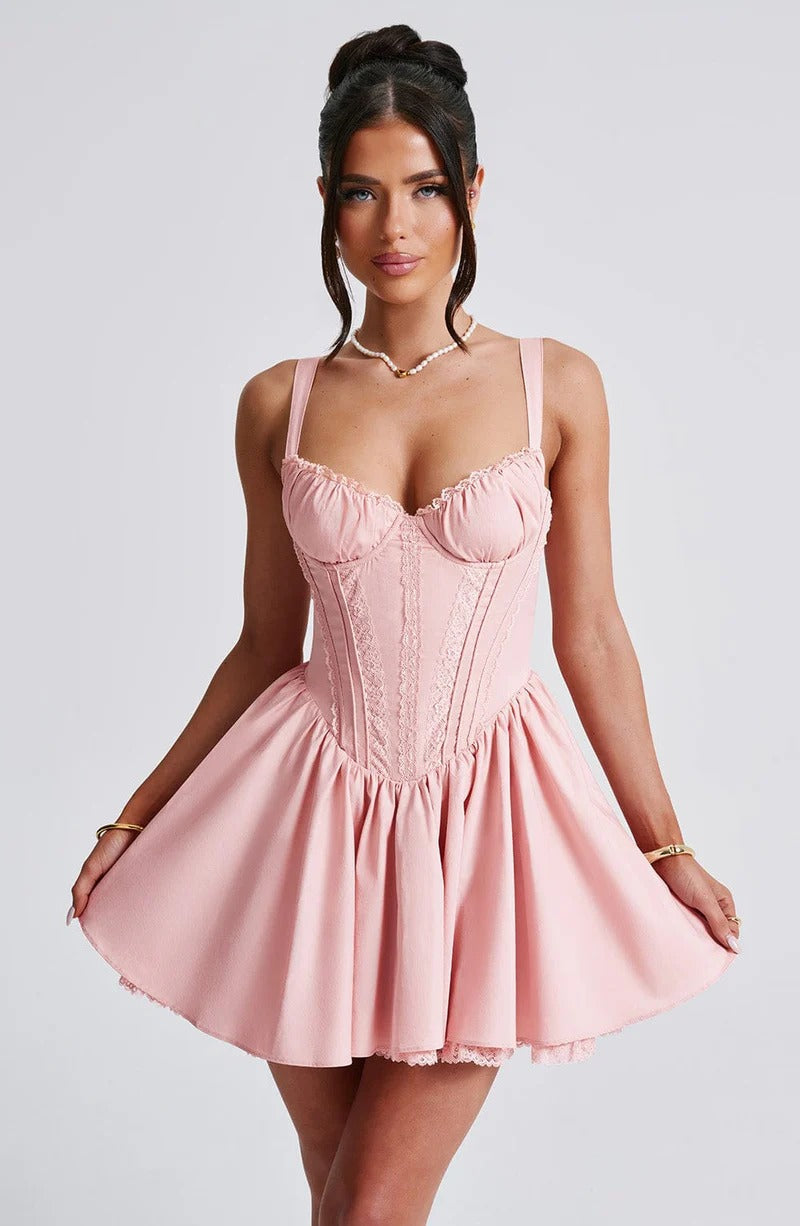Lace Ruffle Trim Corset Mini Dress In Pink Flowering Girl
