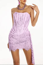 Kellie Strapless Lace Appliques Mini Dress In Light Purple Flowering Girl