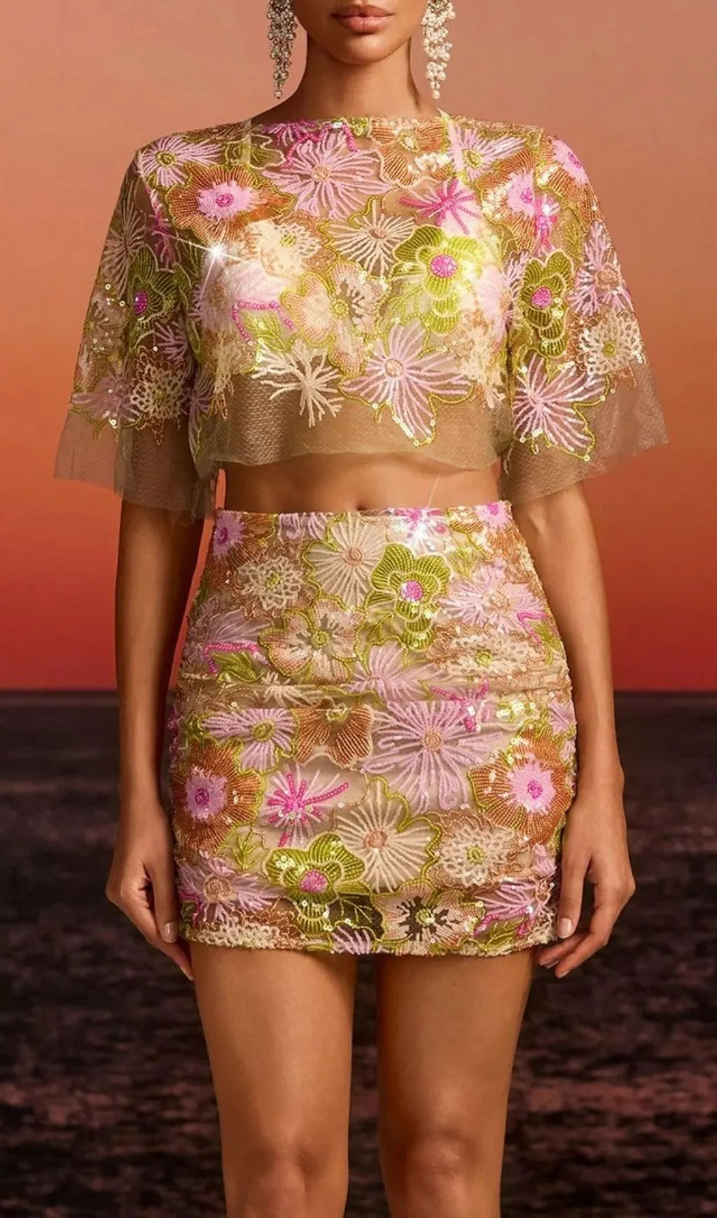Fariba Shorts Sleeve Embroidered Skirt Set Flowering Girl