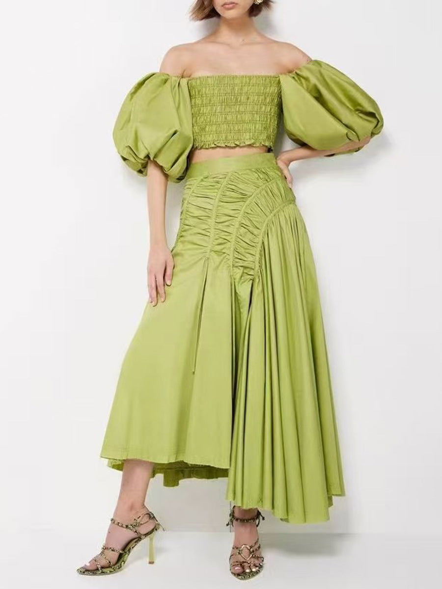 Giselle Drawstring Off-Shoulder Midi Skirt - Green Flowering Girl