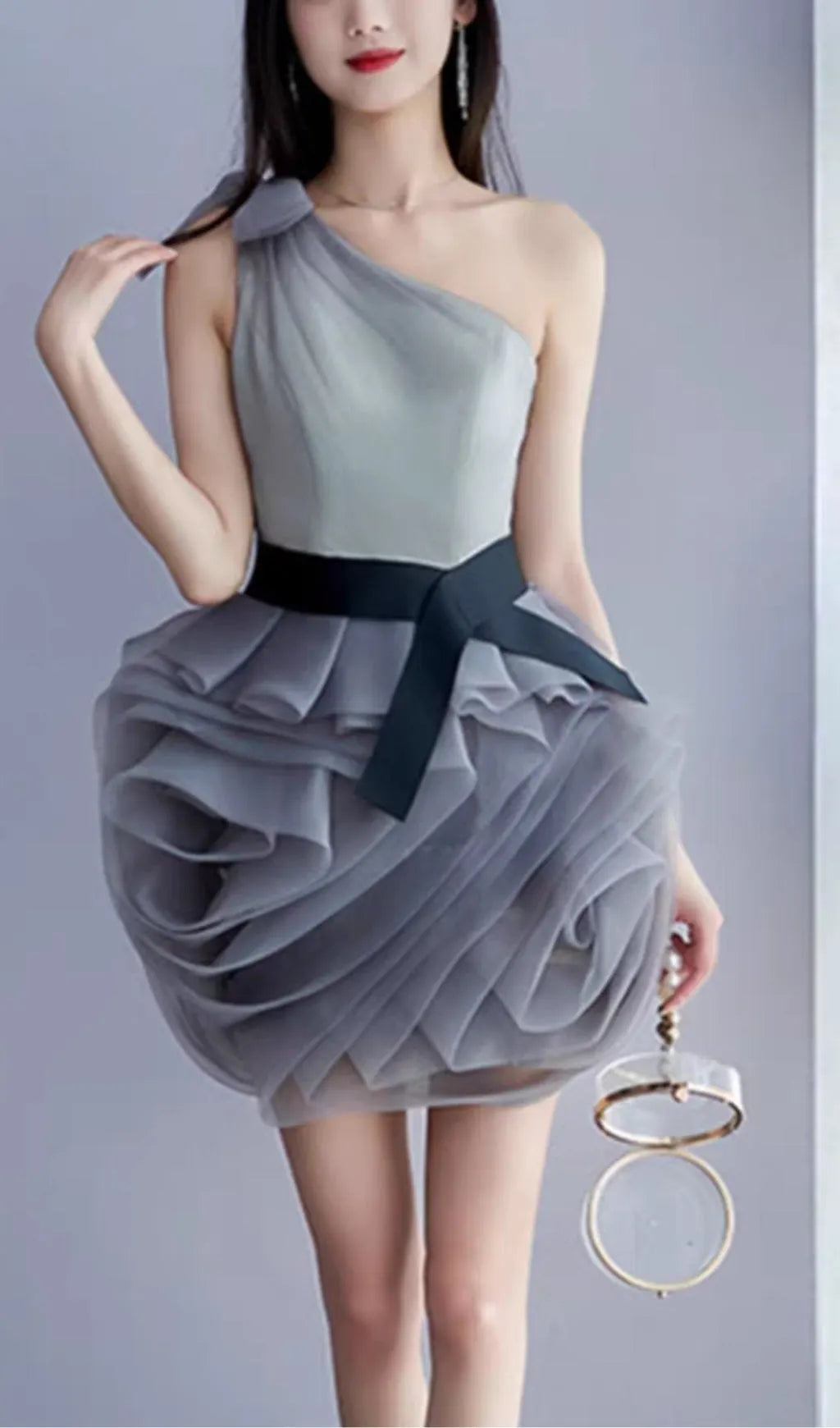One Shoulder Mesh Mini Dress In Grey Flowering Girl