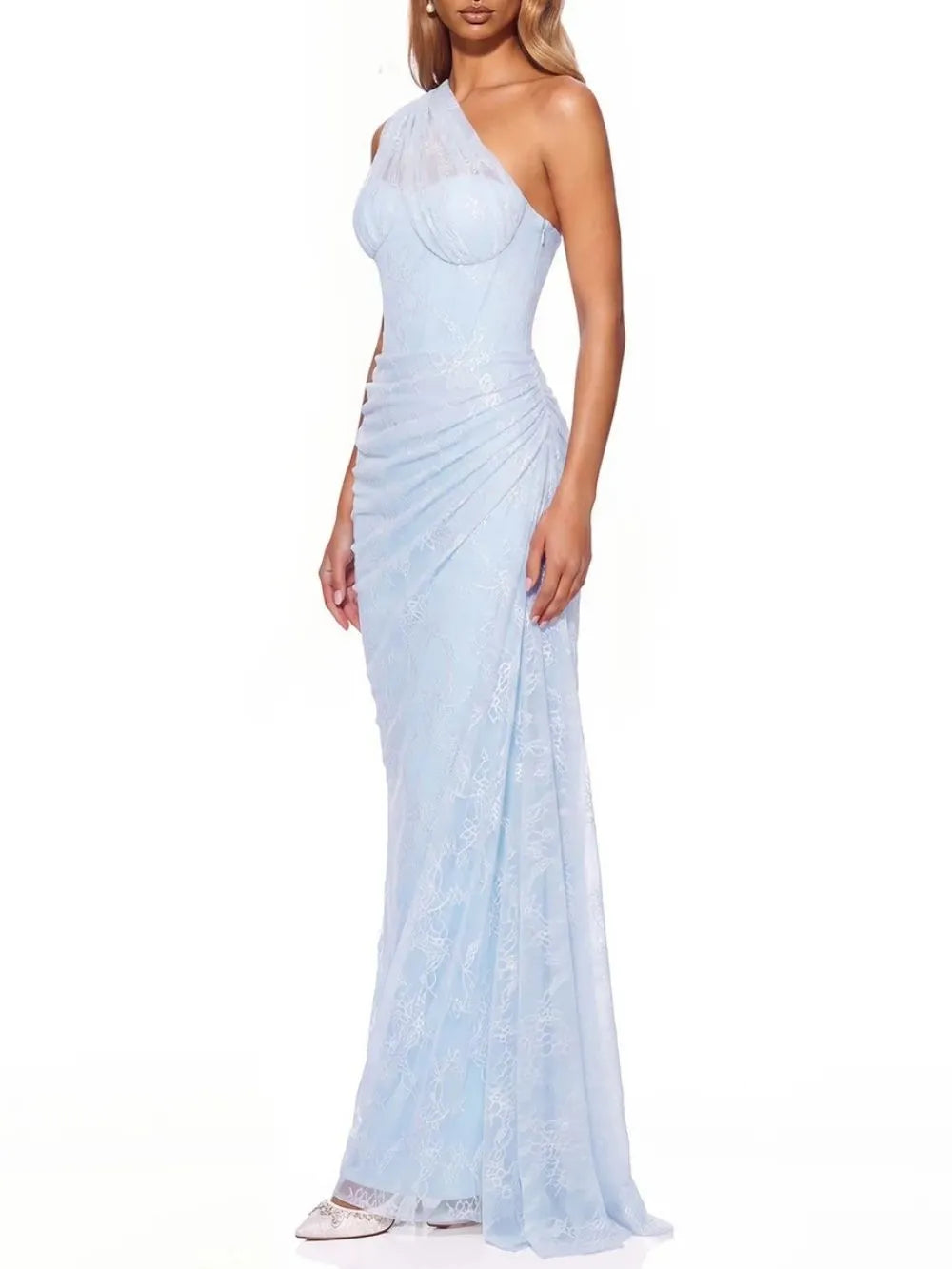 Lenric One Shoulder Ruched Lace Maxi Dress Flowering Girl