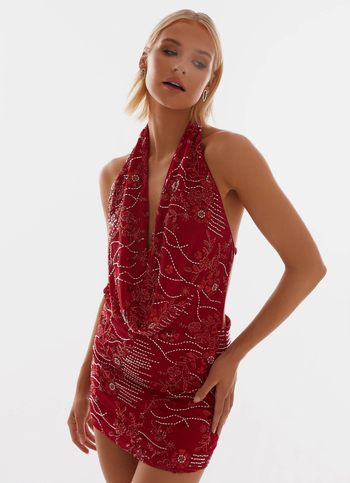 Cowl Neck Beaded Mini Dress In Red Flowering Girl