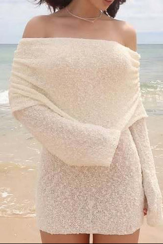 Knitted Openwork One-Line See-Through Openwork Mini Dress Flowering Girl