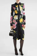 Bernice Rose Print Shirt Midi Dress In Black Flowering Girl