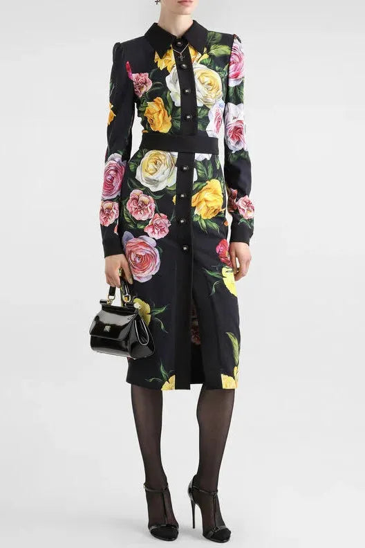 Bernice Rose Print Shirt Midi Dress In Black Flowering Girl