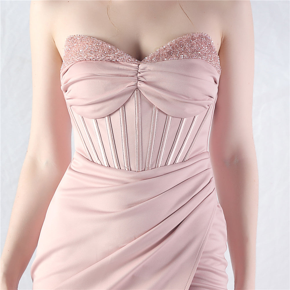 Chizue Pink Strapless Corset Split Maxi Dress Flowering Girl