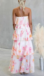 Floral Ruffle Halter Neck Midi Dress - Pink Flowering Girl