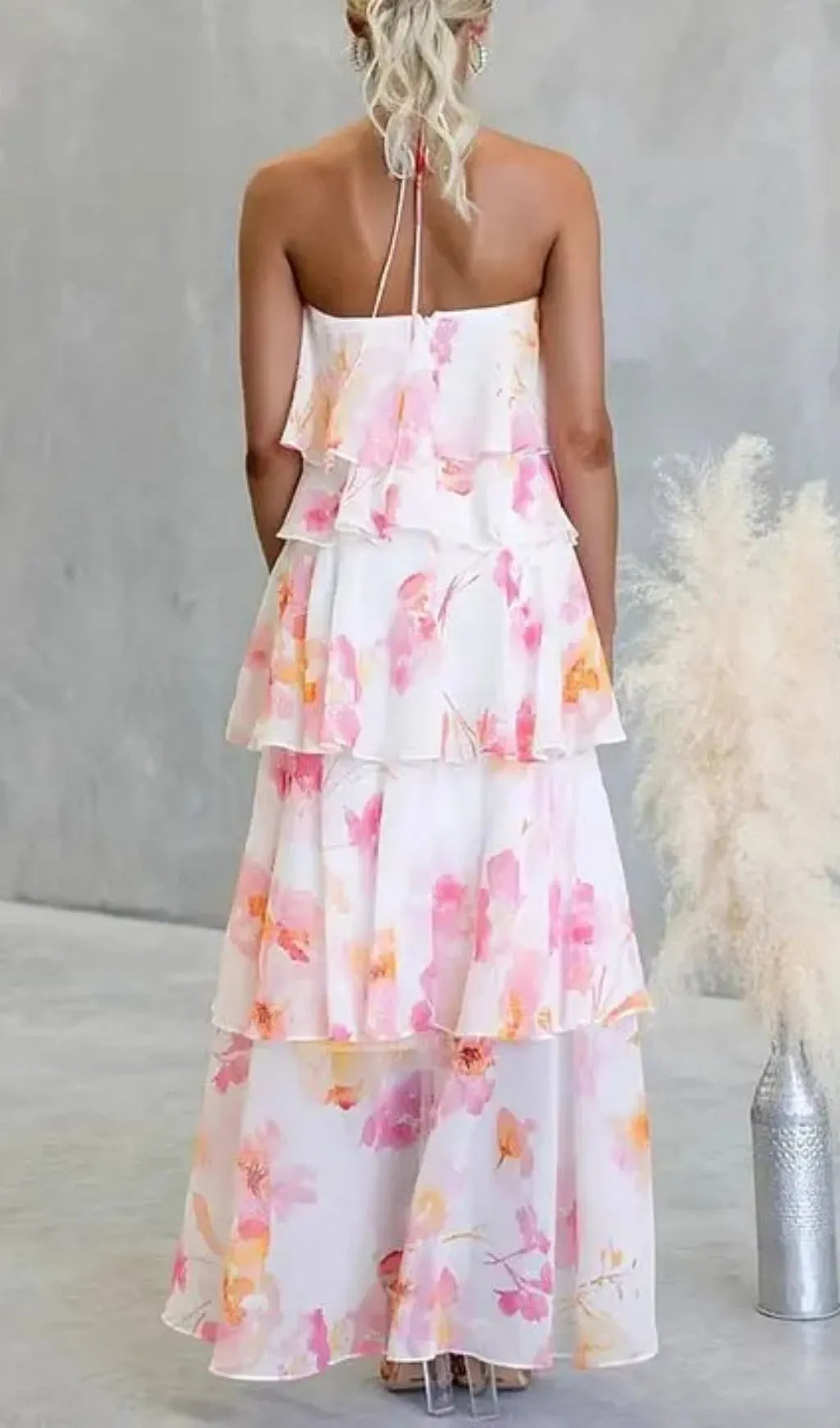Floral Ruffle Halter Neck Midi Dress - Pink Flowering Girl