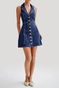 Eartha Collared Denim Mini Dress - Dark Blue Flowering Girl