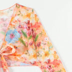 Printed Long-Sleeve Split Cover-Up Bikini Flowering Girl