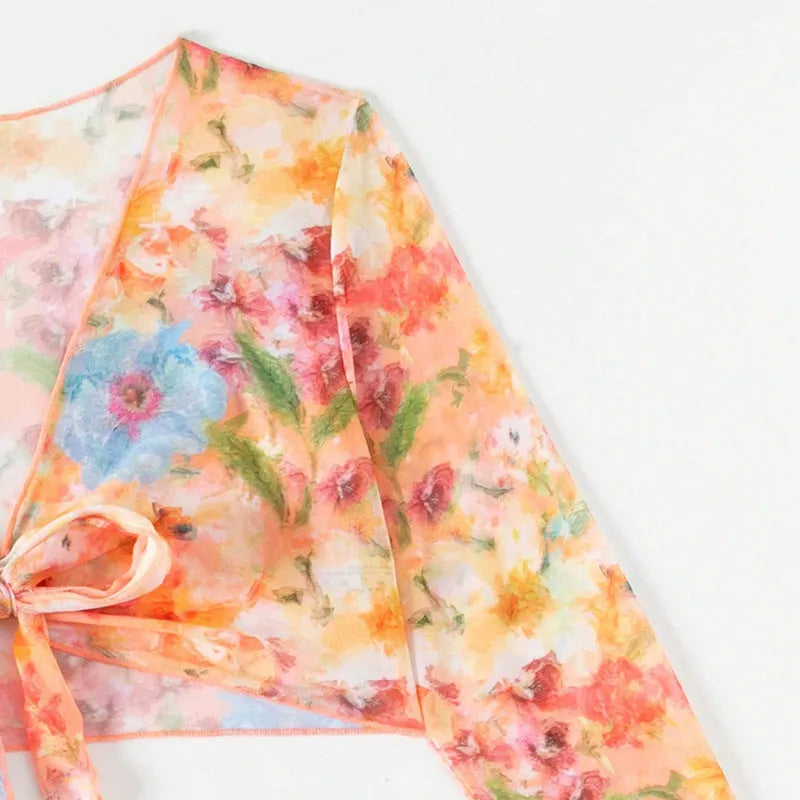 Printed Long-Sleeve Split Cover-Up Bikini Flowering Girl