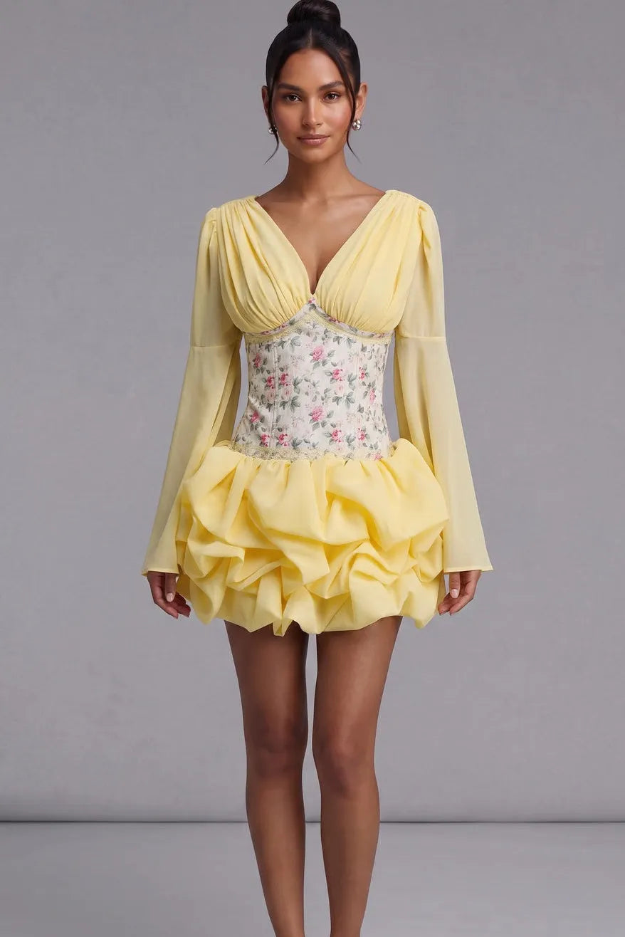 Pastel Yellow Chiffon Fit-and-Flare Mini Dress with Corset Bodice Flowering Girl