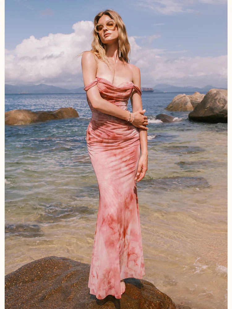 Sylvia Pink Off-Shoulder Pleated Gradient-Dyed Maxi Dress Flowering Girl