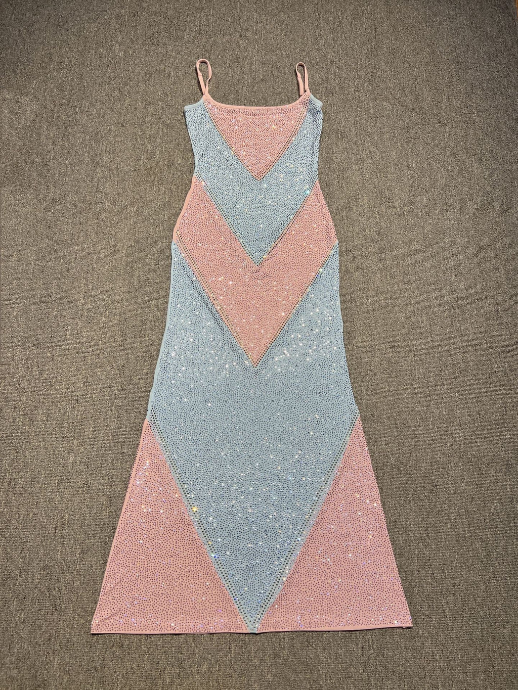 Simona Fully Rhinestoned Bodycon Maxi Dress - Blue & Pink Flowering Girl