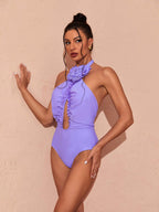 Cally Halterneck Swimwear Two Piece Set In Lilac Flowering Girl