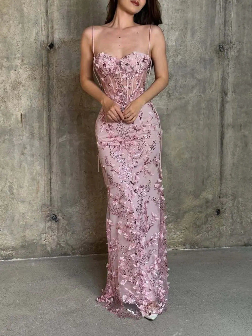 Floral Sequin Structured Bustier Maxi Dress Pink Flowering Girl