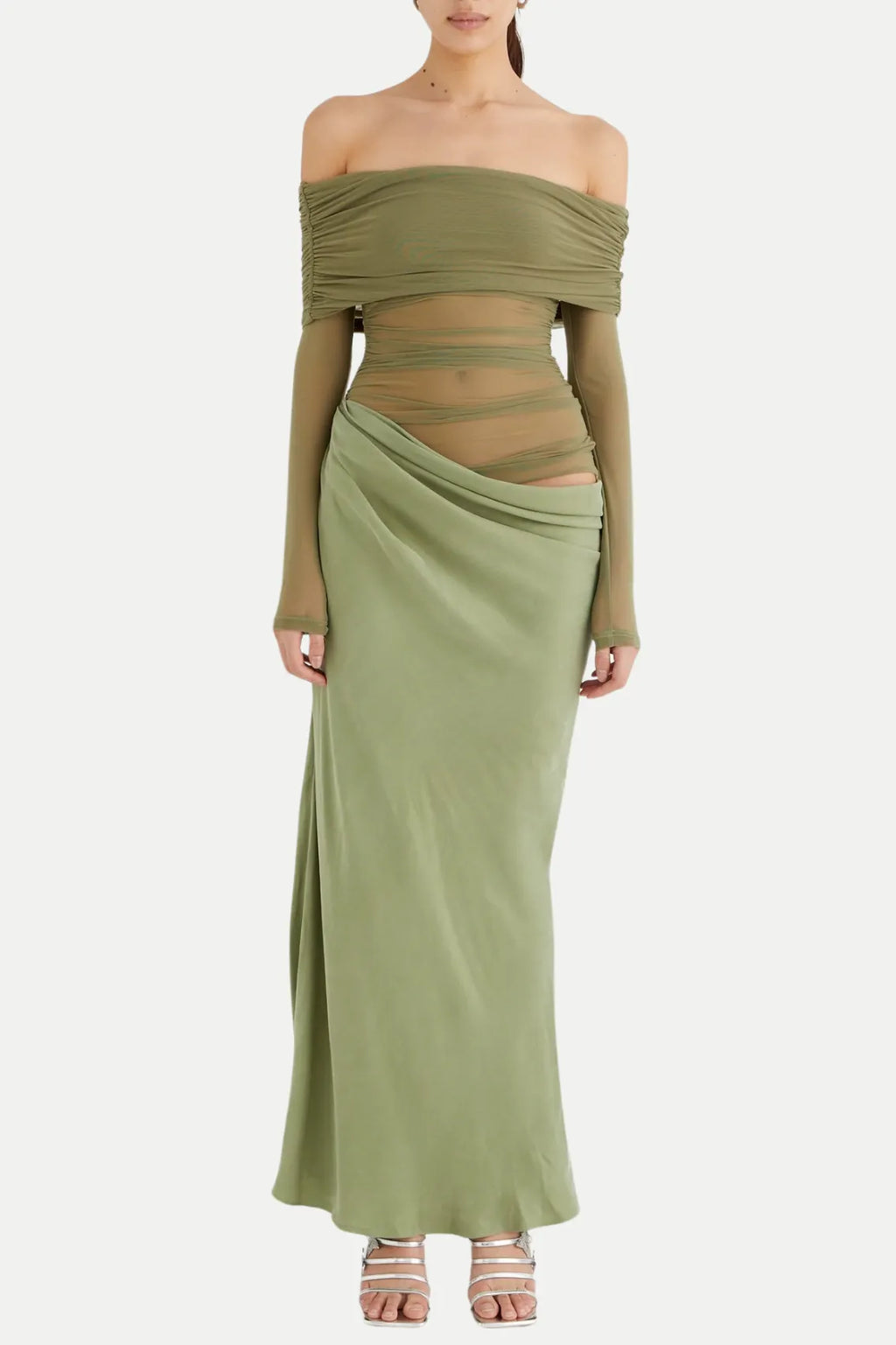 Enko Off Shoulder Ruched Mesh Maxi Dress - Green Flowering Girl