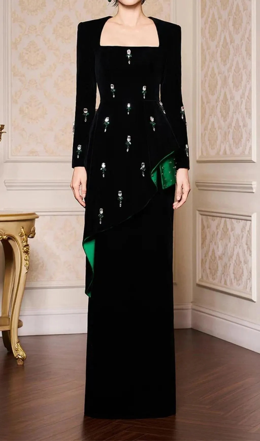 Hedya Black Crystal Long Sleeves Maxi Dress Flowering Girl